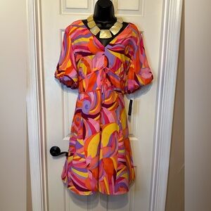SG05-Donna Morgan Pink, Yellow and Orange V-Neck Sundress